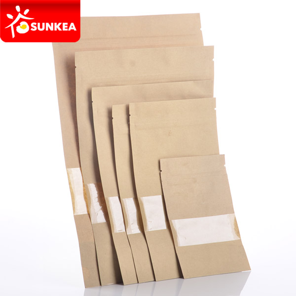 Brown Kraft Paper stand up pouches with zip closure and window